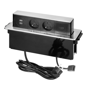 Gniazdo meblowe wysuwane z blatu z płaskim frezowanym rantem, ładowarką USB i przewodem 2m,  2x2P+Z, 2 x USB (Typ A), HDMI, 3x1,5mm², czarno-srebrne, INOX