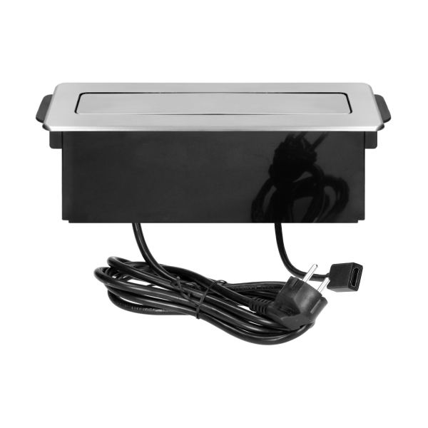 Gniazdo meblowe wysuwane z blatu z płaskim frezowanym rantem, ładowarką USB i przewodem 2m,  2x2P+Z, 2 x USB (Typ A), HDMI, 3x1,5mm², czarno-srebrne, INOX
