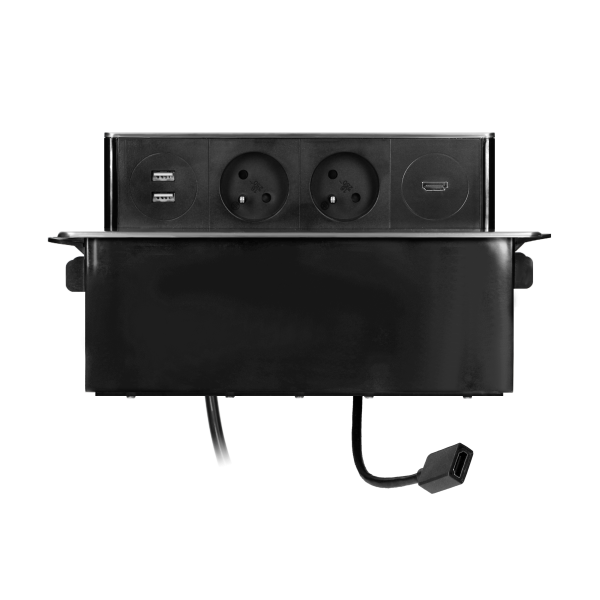 Recessed furniture sockets with USB chargers (A type) and  HDMI socket, 2m cord, 2x2P+E, 3x1,5mm², black-silver, INOX Recessed furniture sockets with USB chargers (A type) and  HDMI socket, 2m cord, 2x2P+E, 3x1,5mm², black-silver, INOX