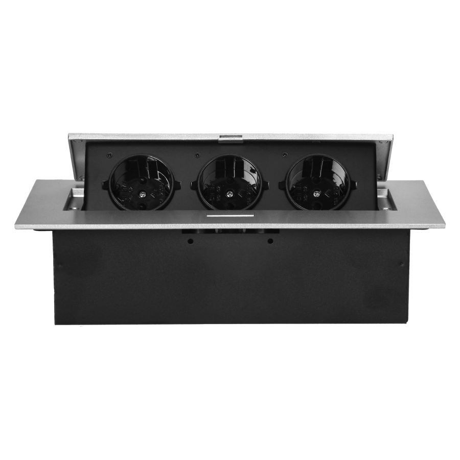 Recessed furniture socket with flat edge, 3x2P+E (Schuko), silver