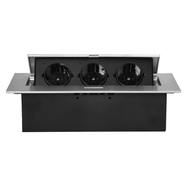 Recessed furniture socket with flat edge, 3x2P+E (Schuko), silver