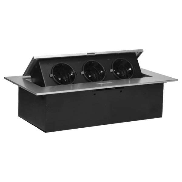 Recessed furniture socket with flat edge, 3x2P+E (Schuko), silver