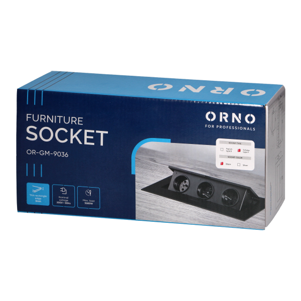 Recessed furniture socket with flat edge, 3x2P+E (Schuko), black