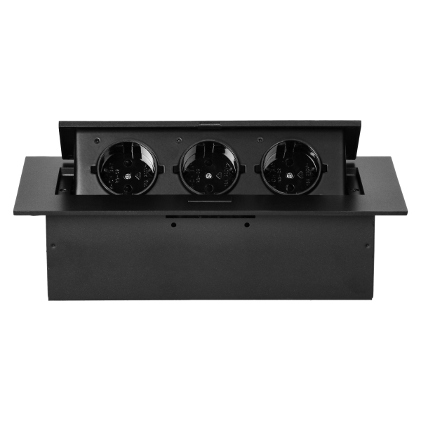 Recessed furniture socket with flat edge, 3x2P+E (Schuko), black