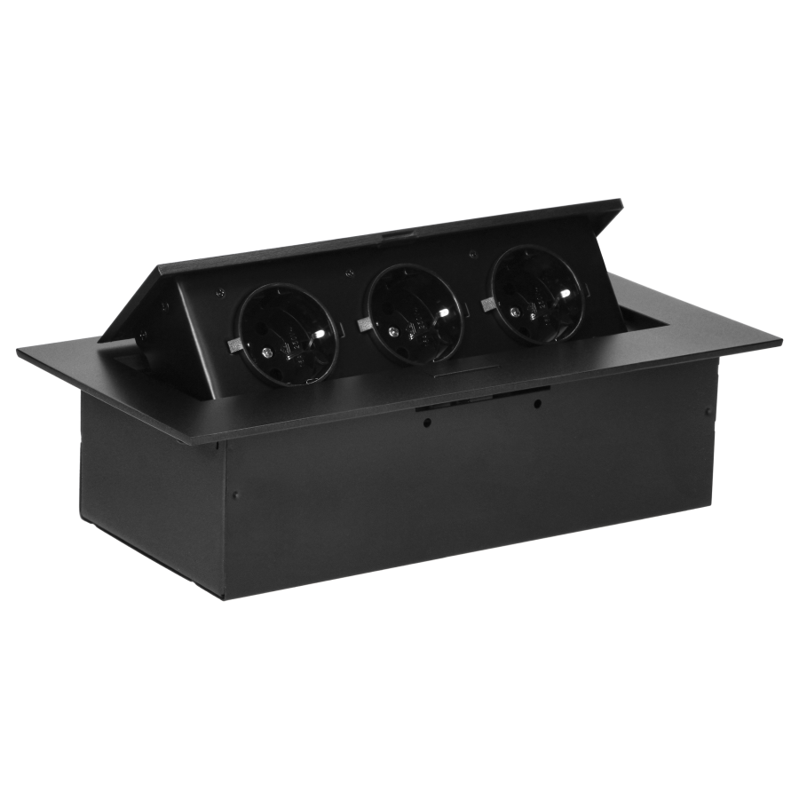 Recessed furniture socket with flat edge, 3x2P+E (Schuko), black