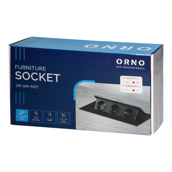 Recessed furniture socket with flat edge and 1.5m cable, 3x2P+E (Schuko), silver