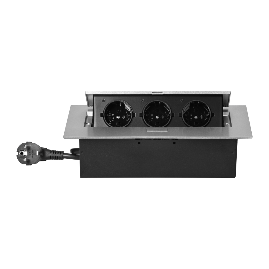 Recessed furniture socket with flat edge and 1.5m cable, 3x2P+E (Schuko), silver