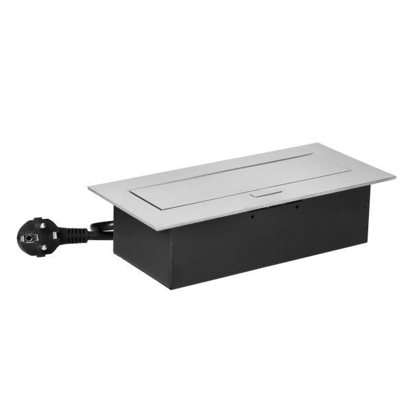 Recessed furniture socket with flat edge and 1.5m cable, 3x2P+E (Schuko), silver