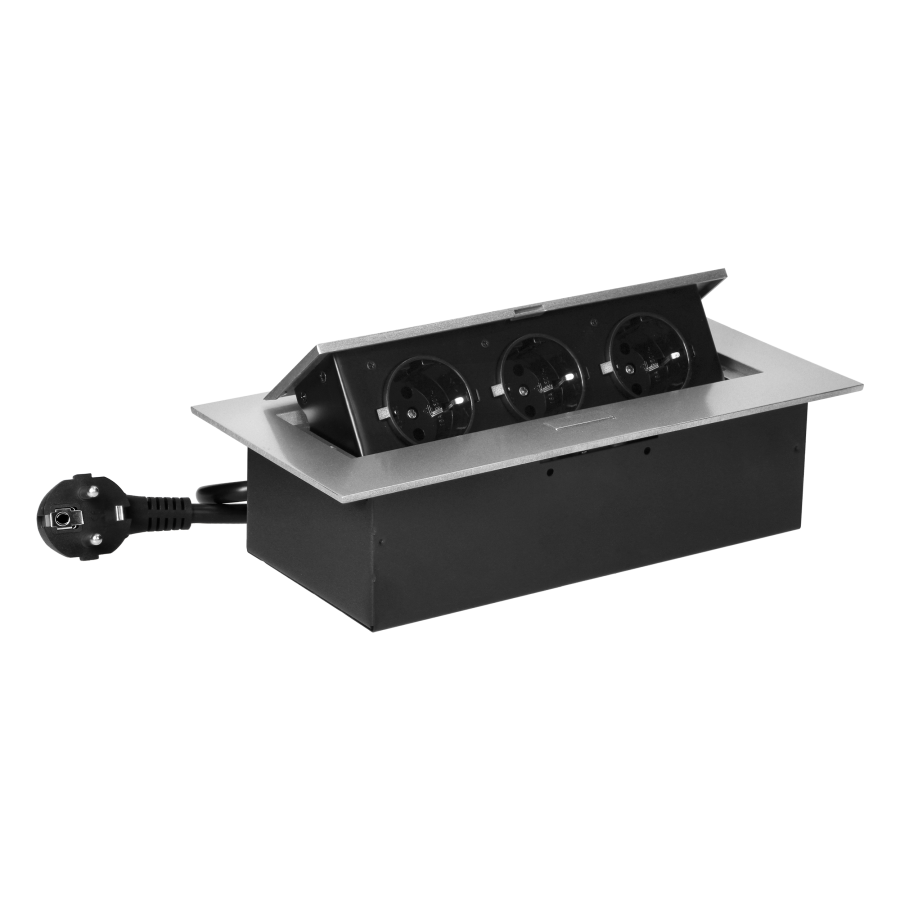 Recessed furniture socket with flat edge and 1.5m cable, 3x2P+E (Schuko), silver