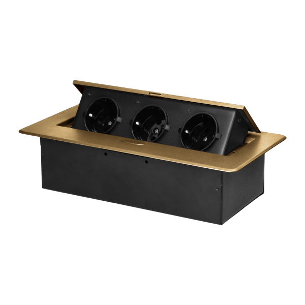 Recessed furniture socket with flat milled edge, 3x2P+E (Schuko), gold