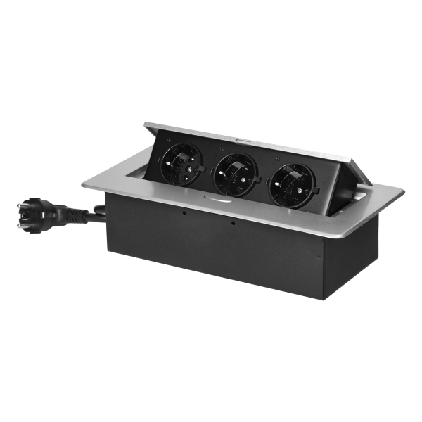 Recessed furniture socket with flat milled edge, 1.5m cable, 3x2P+E (Schuko), silver