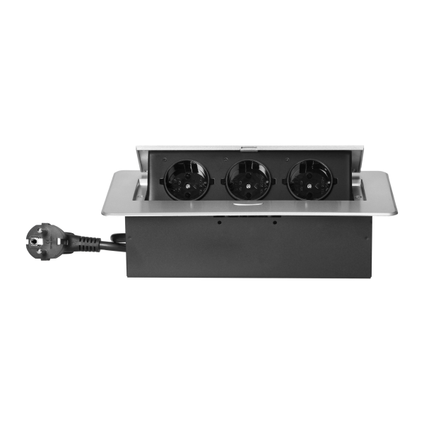 Recessed furniture socket with flat milled edge, 1.5m cable, 3x2P+E (Schuko), silver