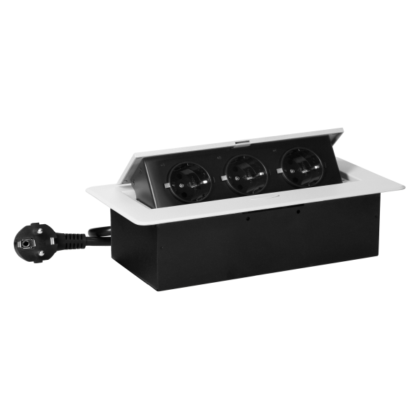 Recessed furniture socket with flat milled edge and 1.5 m cable, 3x2P+E (Schuko), white