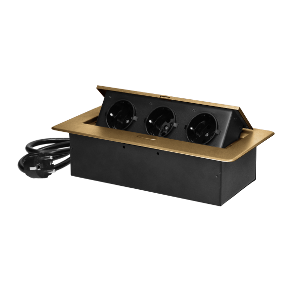 Gniazdo meblowe wpuszczane w blat z płaskim frezowanym rantem i przewodem 1,5m, 3x2P+Z (Schuko), złote Gniazdo meblowe wpuszczane w blat z płaskim frezowanym rantem i przewodem 1,5m, 3x2P+Z (Schuko), złote