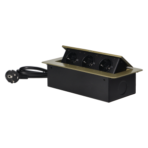 Recessed furniture sockets in a housing with a flat edge and a 1.5 m cable, 3x2P+E (Schuko), brass color