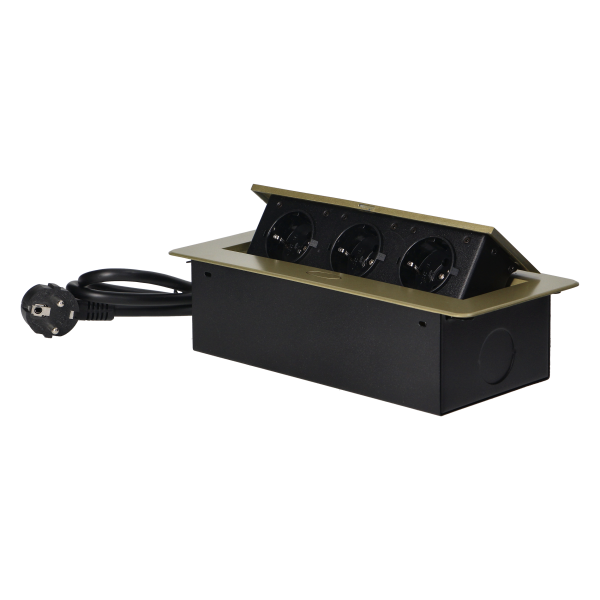 Gniazda meblowe w obudowie wpuszczanej w blat z płaskim frezowanym rantem i przewodem 1,5m, 3x2P+Z (Schuko), kolor mosiądzu