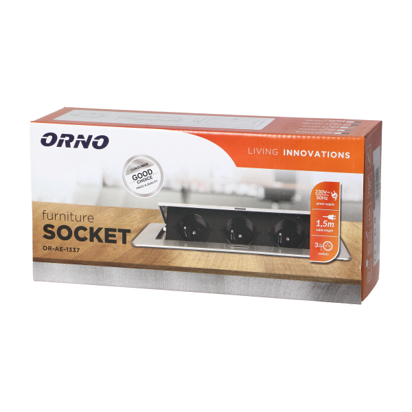 Gniazda meblowe w obudowie wpuszczanej w blat z płaskim frezowanym rantem i przewodem 1,5m, 3x2P+Z (Schuko), kolor mosiądzu