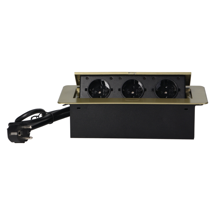 Gniazda meblowe w obudowie wpuszczanej w blat z płaskim frezowanym rantem i przewodem 1,5m, 3x2P+Z (Schuko), kolor mosiądzu