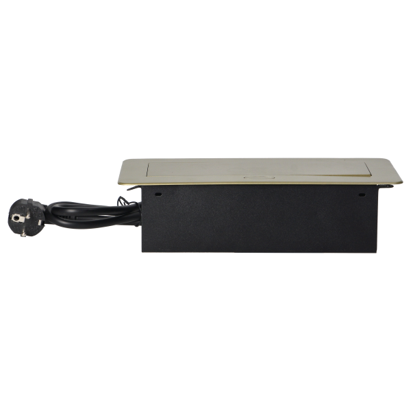 Recessed furniture sockets in a housing with a flat edge and a 1.5 m cable, 3x2P+E (Schuko), brass color Recessed furniture sockets in a housing with a flat edge and a 1.5 m cable, 3x2P+E (Schuko), brass color