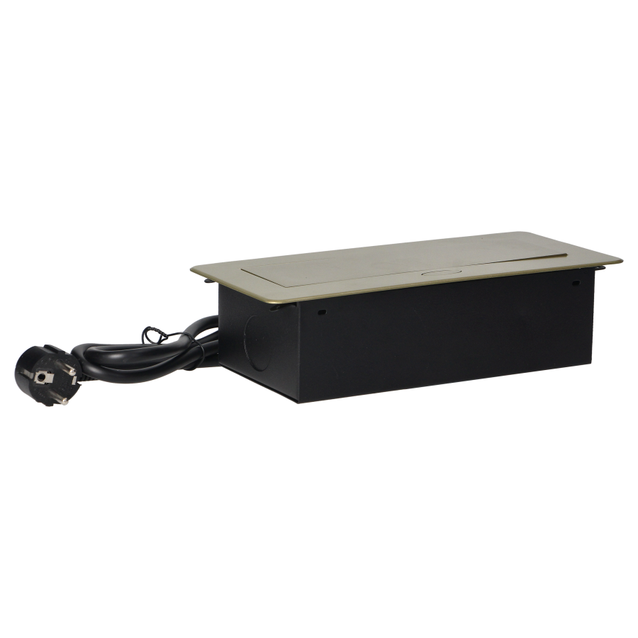 Gniazda meblowe w obudowie wpuszczanej w blat z płaskim frezowanym rantem i przewodem 1,5m, 3x2P+Z (Schuko), kolor mosiądzu