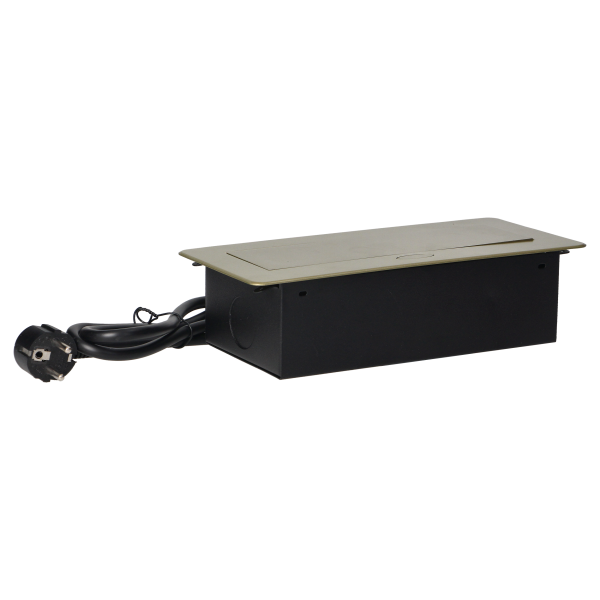 Gniazda meblowe w obudowie wpuszczanej w blat z płaskim frezowanym rantem i przewodem 1,5m, 3x2P+Z (Schuko), kolor mosiądzu