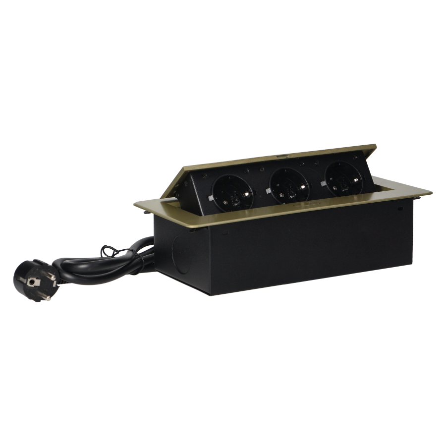 Gniazda meblowe w obudowie wpuszczanej w blat z płaskim frezowanym rantem i przewodem 1,5m, 3x2P+Z (Schuko), kolor mosiądzu