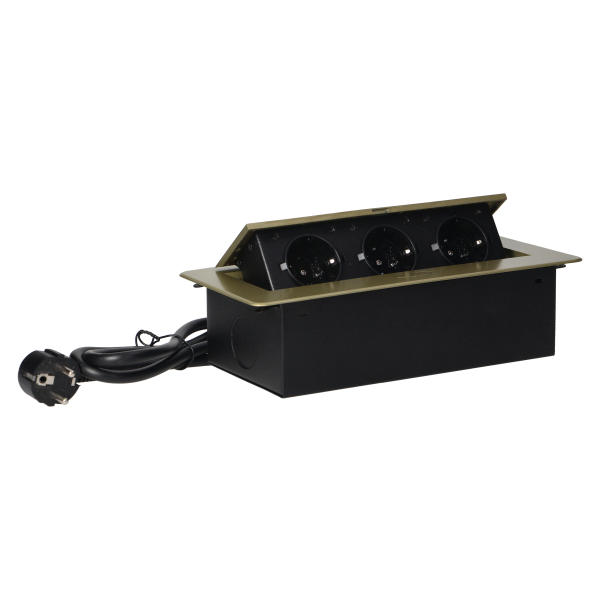Recessed furniture sockets in a housing with a flat edge and a 1.5 m cable, 3x2P+E (Schuko), brass color Recessed furniture sockets in a housing with a flat edge and a 1.5 m cable, 3x2P+E (Schuko), brass color