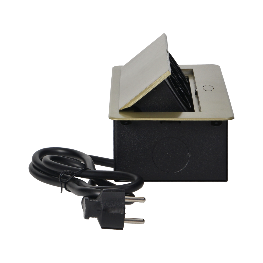 Gniazda meblowe w obudowie wpuszczanej w blat z płaskim frezowanym rantem i przewodem 1,5m, 3x2P+Z (Schuko), kolor mosiądzu