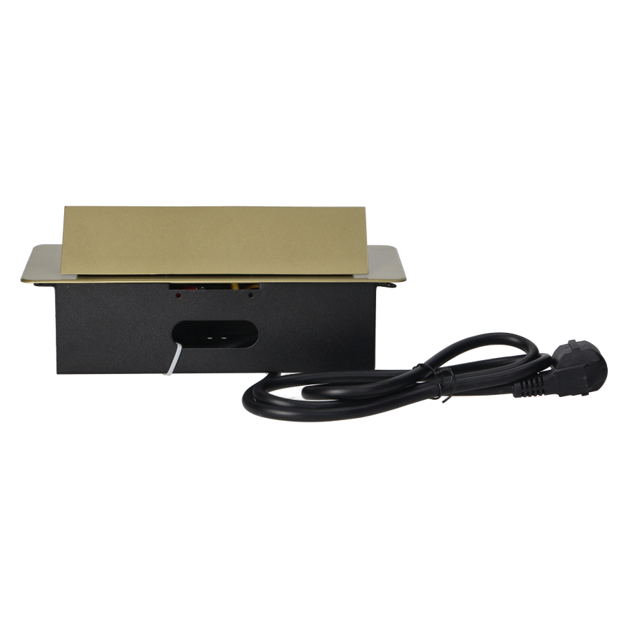 Gniazda meblowe w obudowie wpuszczanej w blat z płaskim frezowanym rantem i przewodem 1,5m, 3x2P+Z (Schuko), kolor mosiądzu