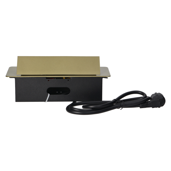 Recessed furniture sockets in a housing with a flat edge and a 1.5 m cable, 3x2P+E (Schuko), brass color Recessed furniture sockets in a housing with a flat edge and a 1.5 m cable, 3x2P+E (Schuko), brass color