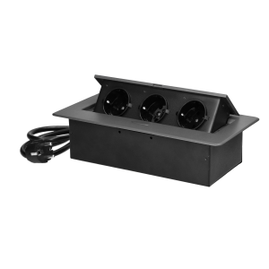 Recessed furniture socket with flat milled edge, 1.5m cable, 3x2P+E (Schuko), graphite