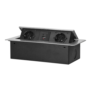 Recessed furniture socket with flat milled edge and USB charger, 2x2P+E (Schuko),2x USB (type A+C; 3.6A), silver