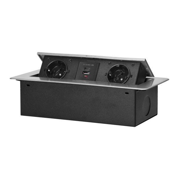 Recessed furniture socket with flat milled edge and USB charger, 2x2P+E (Schuko),2x USB (type A+C; 3.6A), silver