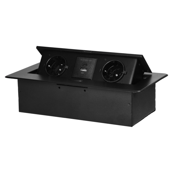 Recessed furniture socket with flat milled edge and USB charger, 2x2P+E (Schuko),2x USB (type A+C; 3.6A), black