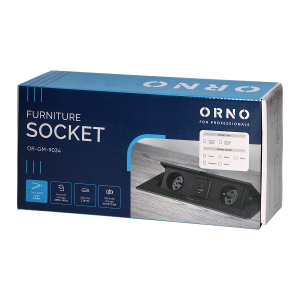 Recessed furniture socket with flat milled edge and USB charger, 2x2P+E (Schuko),2x USB (type A+C; 3.6A), black