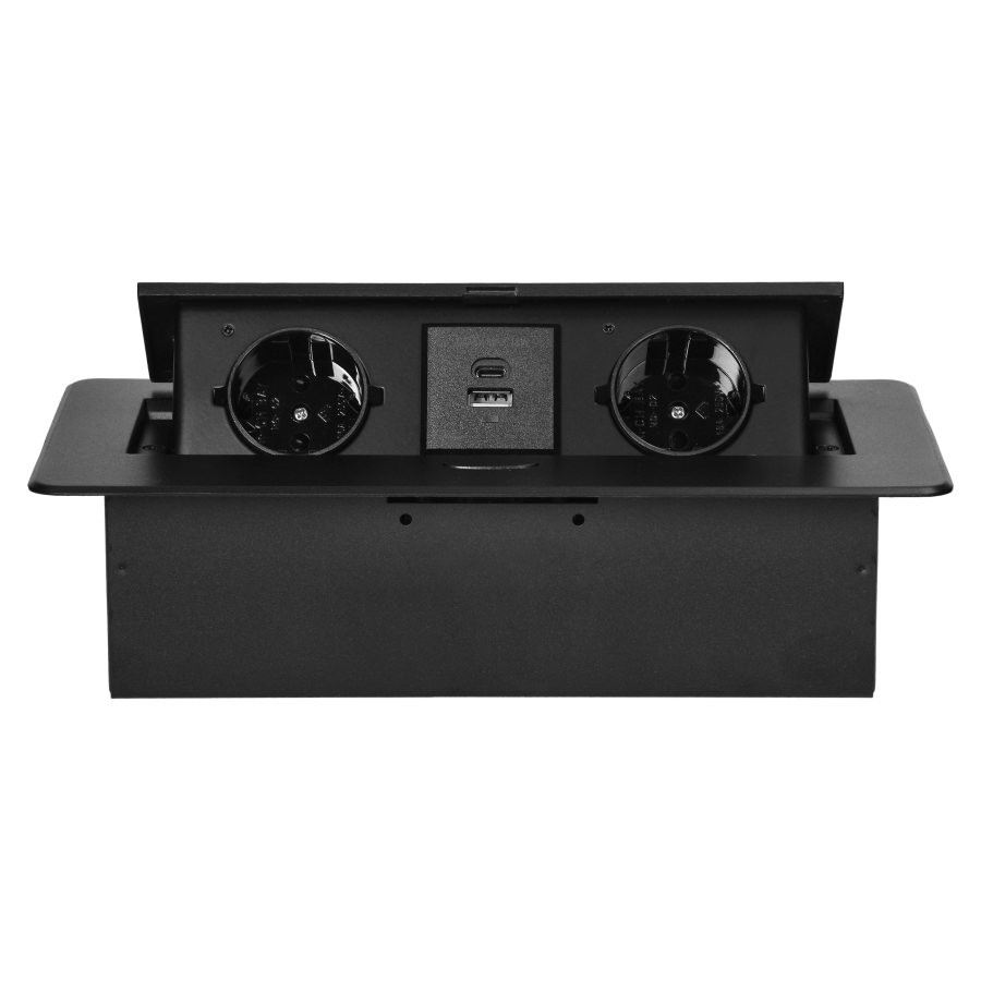 Recessed furniture socket with flat milled edge and USB charger, 2x2P+E (Schuko),2x USB (type A+C; 3.6A), black