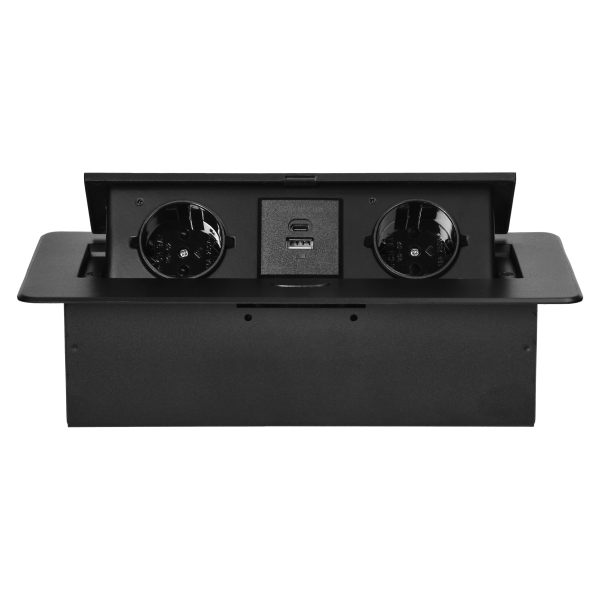 Recessed furniture socket with flat milled edge and USB charger, 2x2P+E (Schuko),2x USB (type A+C; 3.6A), black