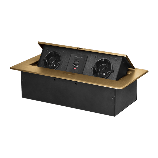 Recessed furniture socket with flat milled edge and USB charger, 2x2P+E (Schuko),2xUSB (type A+C; 3.6A), gold Recessed furniture socket with flat milled edge and USB charger, 2x2P+E (Schuko),2xUSB (type A+C; 3.6A), gold