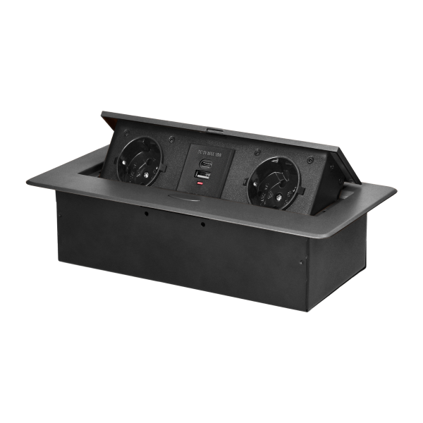 Recessed furniture socket with flat milled edge and USB charger, 2x2P+E (Schuko),2xUSB (type A+C; 3.6A), graphite