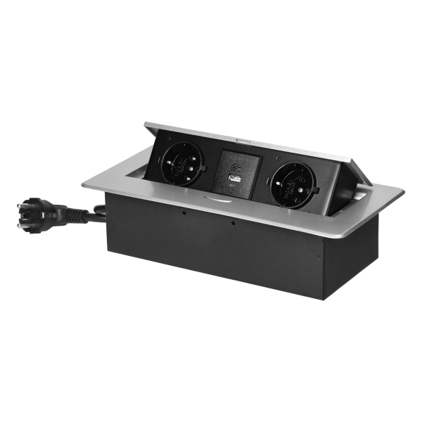 Recessed furniture socket with flat milled edge, USB charger and 1.5m cable, 2x2P+E (Schuko), 2xUSB (type A+C; 3.6A), silver