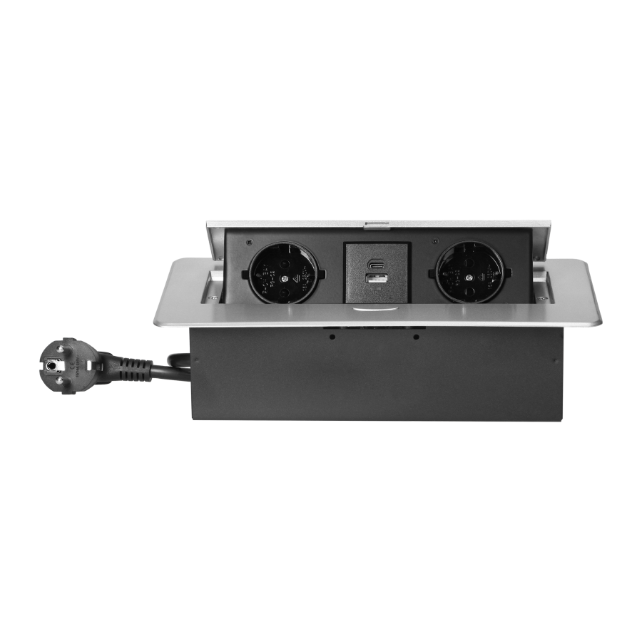 Gniazdo meblowe wpuszczane w blat z płaskim frezowanym rantem, ładowarką USB i przewodem 1,5m, 2x2P+Z (Schuko), 2xUSB (typ A+C;3,6A), srebrne