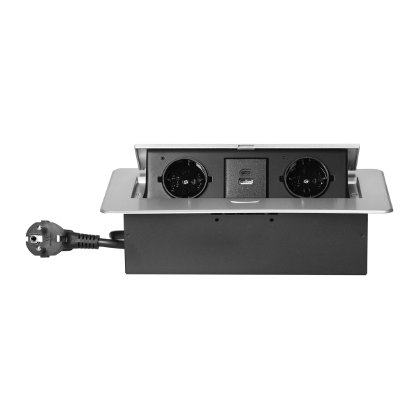 Recessed furniture socket with flat milled edge, USB charger and 1.5m cable, 2x2P+E (Schuko), 2xUSB (type A+C; 3.6A), silver