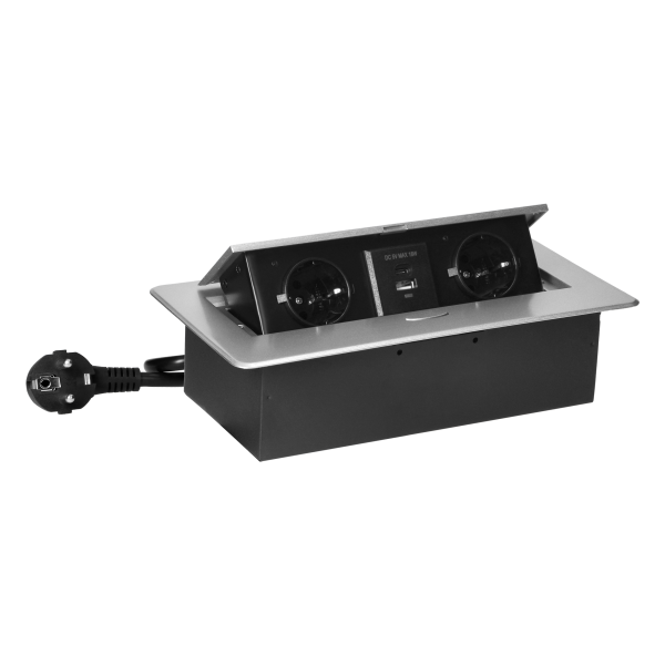 Gniazdo meblowe wpuszczane w blat z płaskim frezowanym rantem, ładowarką USB i przewodem 1,5m, 2x2P+Z (Schuko), 2xUSB (typ A+C;3,6A), srebrne