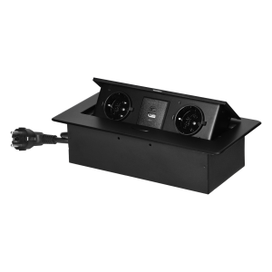 Recessed furniture socket with flat milled edge, USB charger and 1.5m cable, 2x2P+E (Schuko), 2x USB (type A+C; 3.6A), black