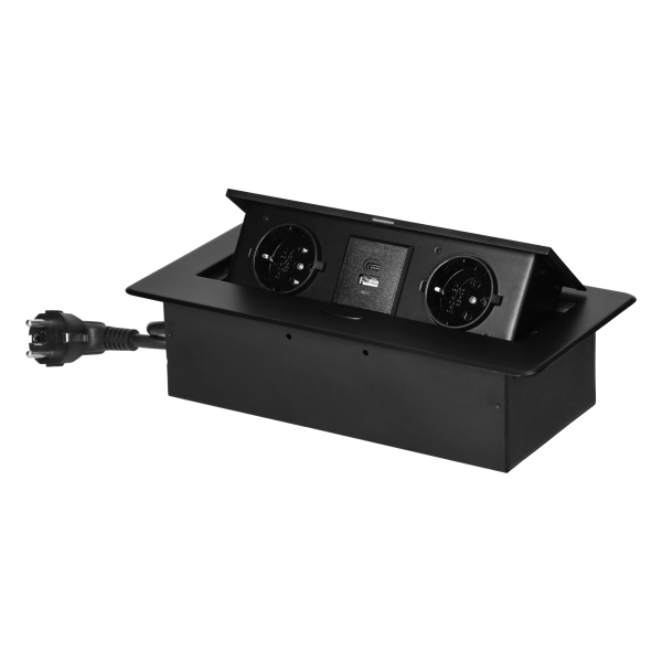 Gniazdo meblowe wpuszczane w blat z płaskim frezowanym rantem, ładowarką USB i przewodem 1,5m, 2x2P+Z (Schuko), 2xUSB (typ A+C; 3,6A), czarne Gniazdo meblowe wpuszczane w blat z płaskim frezowanym rantem, ładowarką USB i przewodem 1,5m, 2x2P+Z (Schuko), 2xUSB (typ A+C; 3,6A), czarne