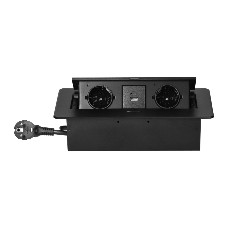 Recessed furniture socket with flat milled edge, USB charger and 1.5m cable, 2x2P+E (Schuko), 2x USB (type A+C; 3.6A), black