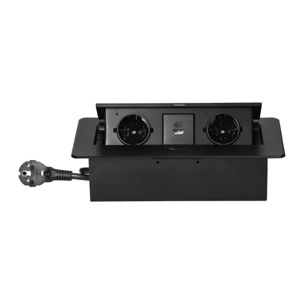 Recessed furniture socket with flat milled edge, USB charger and 1.5m cable, 2x2P+E (Schuko), 2x USB (type A+C; 3.6A), black