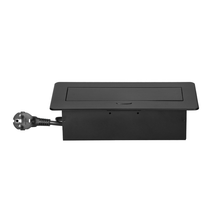 Recessed furniture socket with flat milled edge, USB charger and 1.5m cable, 2x2P+E (Schuko), 2x USB (type A+C; 3.6A), black