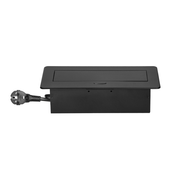 Recessed furniture socket with flat milled edge, USB charger and 1.5m cable, 2x2P+E (Schuko), 2x USB (type A+C; 3.6A), black