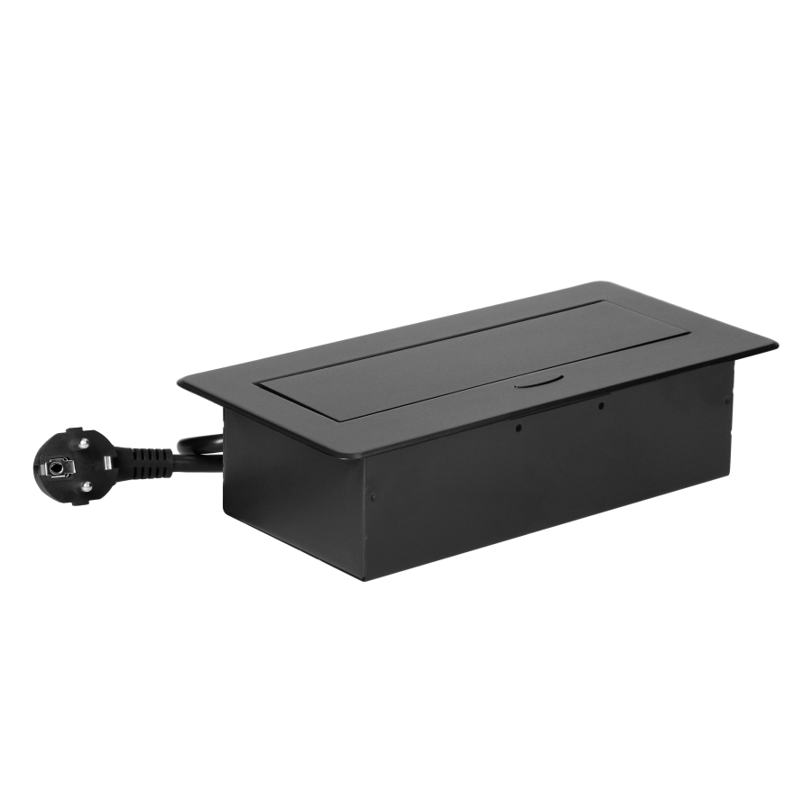 Recessed furniture socket with flat milled edge, USB charger and 1.5m cable, 2x2P+E (Schuko), 2x USB (type A+C; 3.6A), black